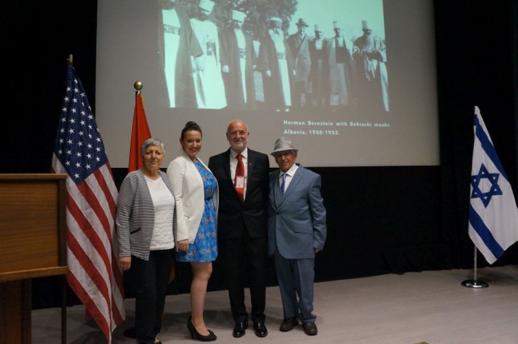 Ambassador Mal Berisha with Jewish rescuer and witness Neki Babamusta, Suzana and Ermira Babamusta, American Embassy in London